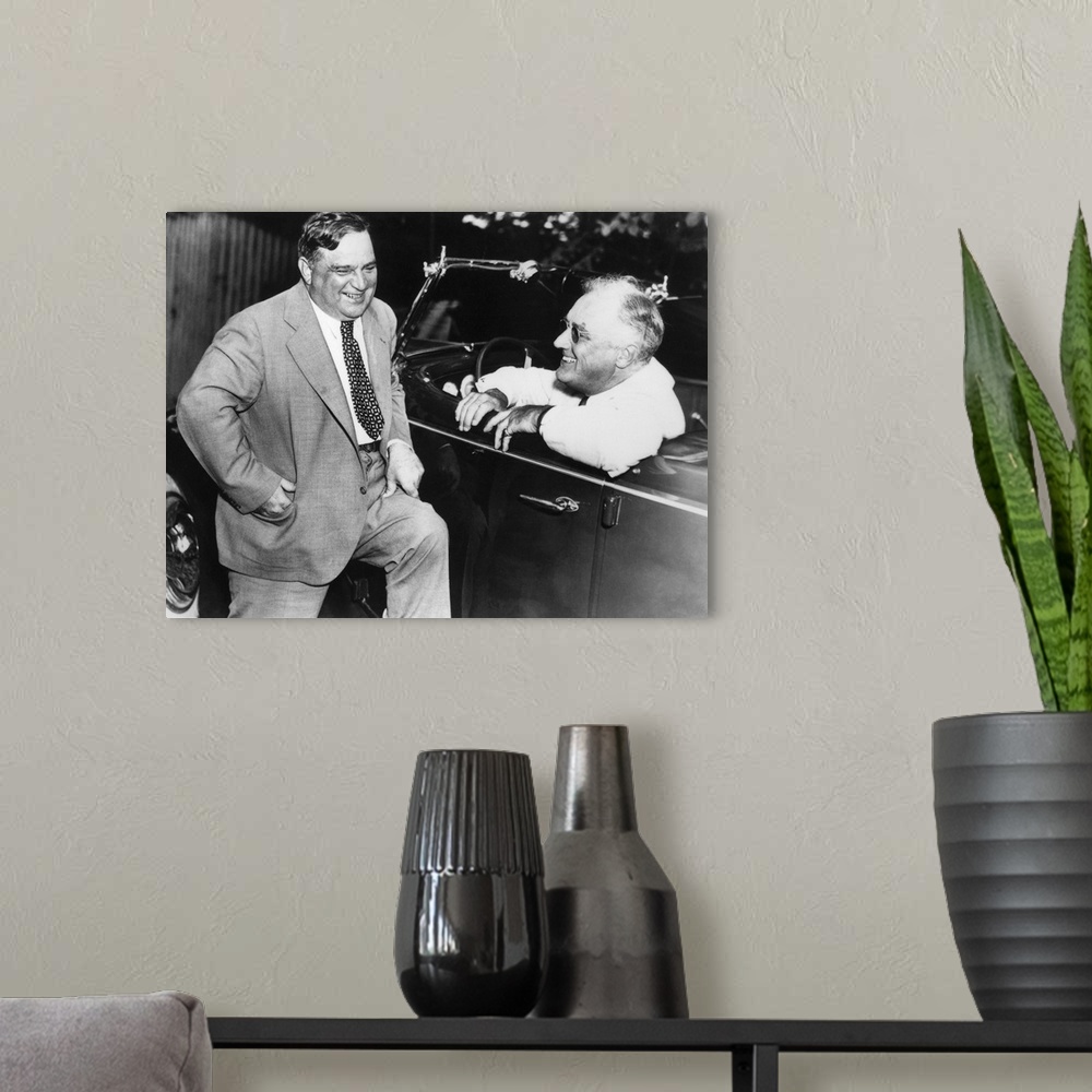 A modern room featuring An interaction between President Franklin D. Roosevelt and Fiorello LaGuardia in Hyde Park.
