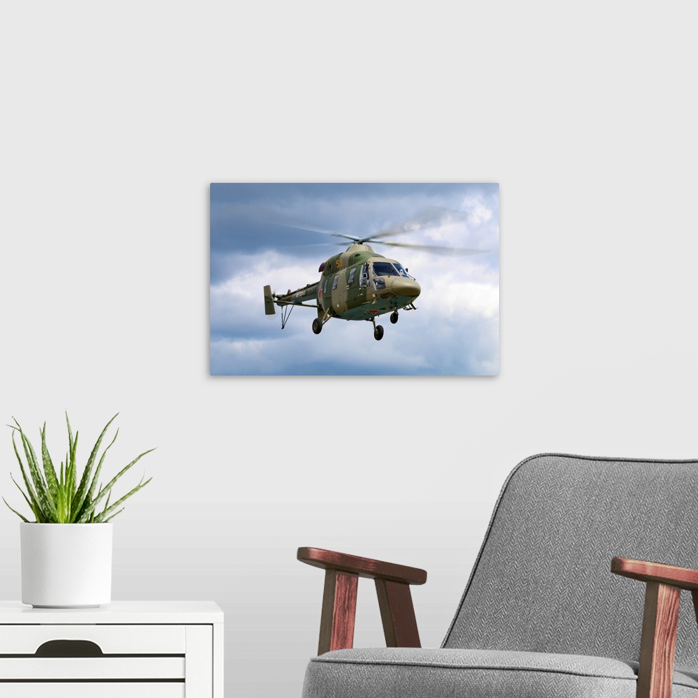 A modern room featuring Kazan Ansat multifunctional helicopter of the Russian Air Force.