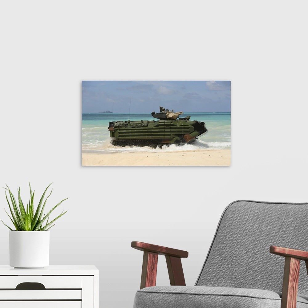 A modern room featuring Marines drive an Amphibious Assault Vehicle on the beach of Hawaii.