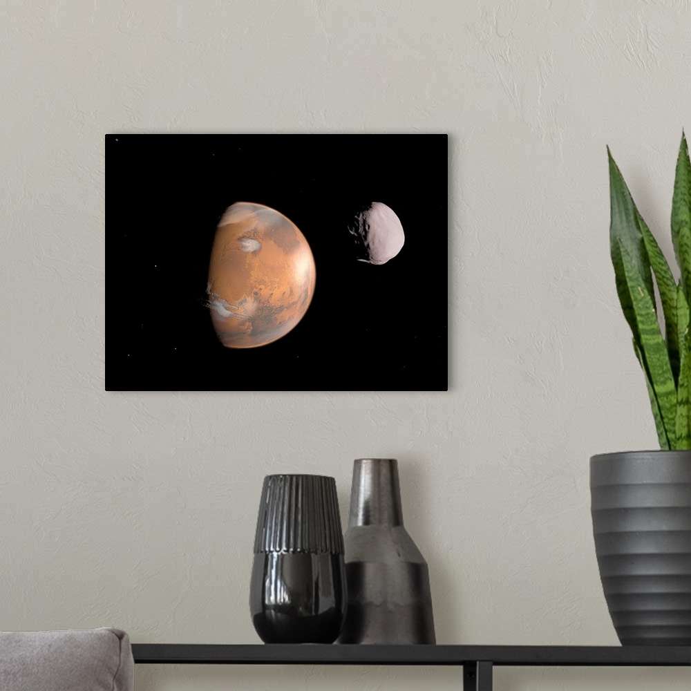 A modern room featuring Artist's concept of Mars and its moon, Dione.