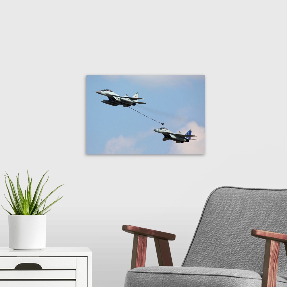 A modern room featuring MiG-29K and MiG-35 jet fighters of Russian Air Force.