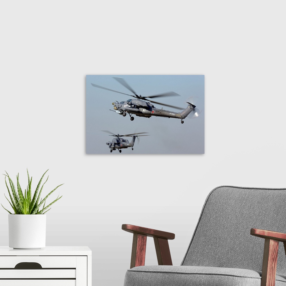 A modern room featuring Mil Mi-28N Night Hunter attack helicopters of the Russian Air Force.