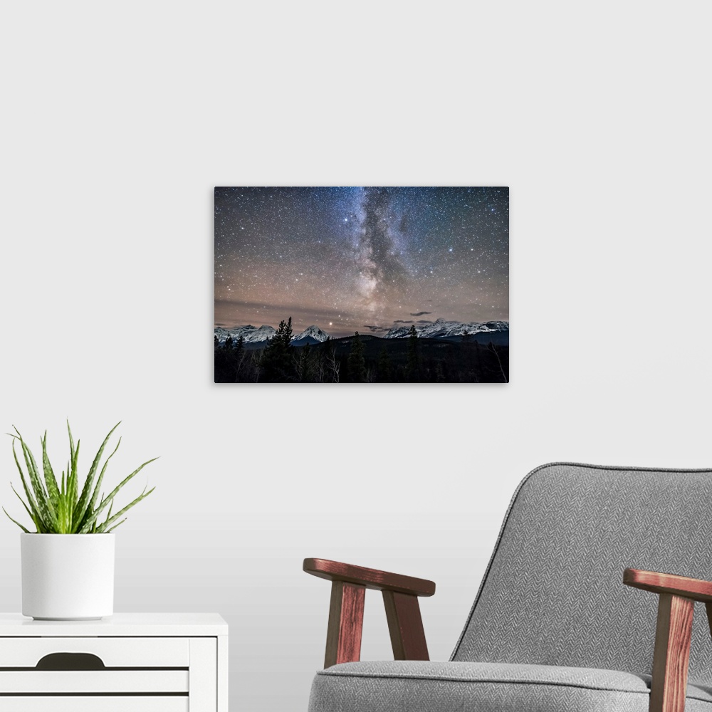 A modern room featuring Milky Way over Athabasca Pass, Alberta, Canada.