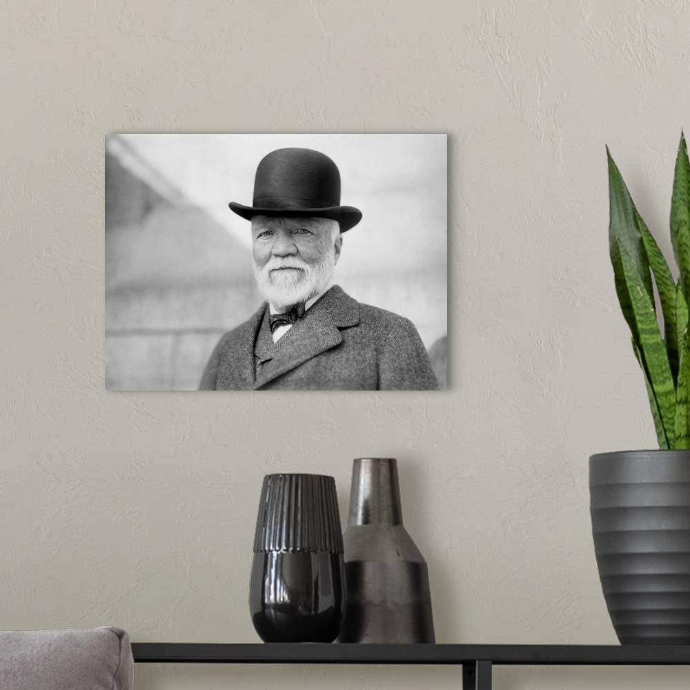A modern room featuring October 18, 1913 - Andrew Carnegie wearing a bowler hat.