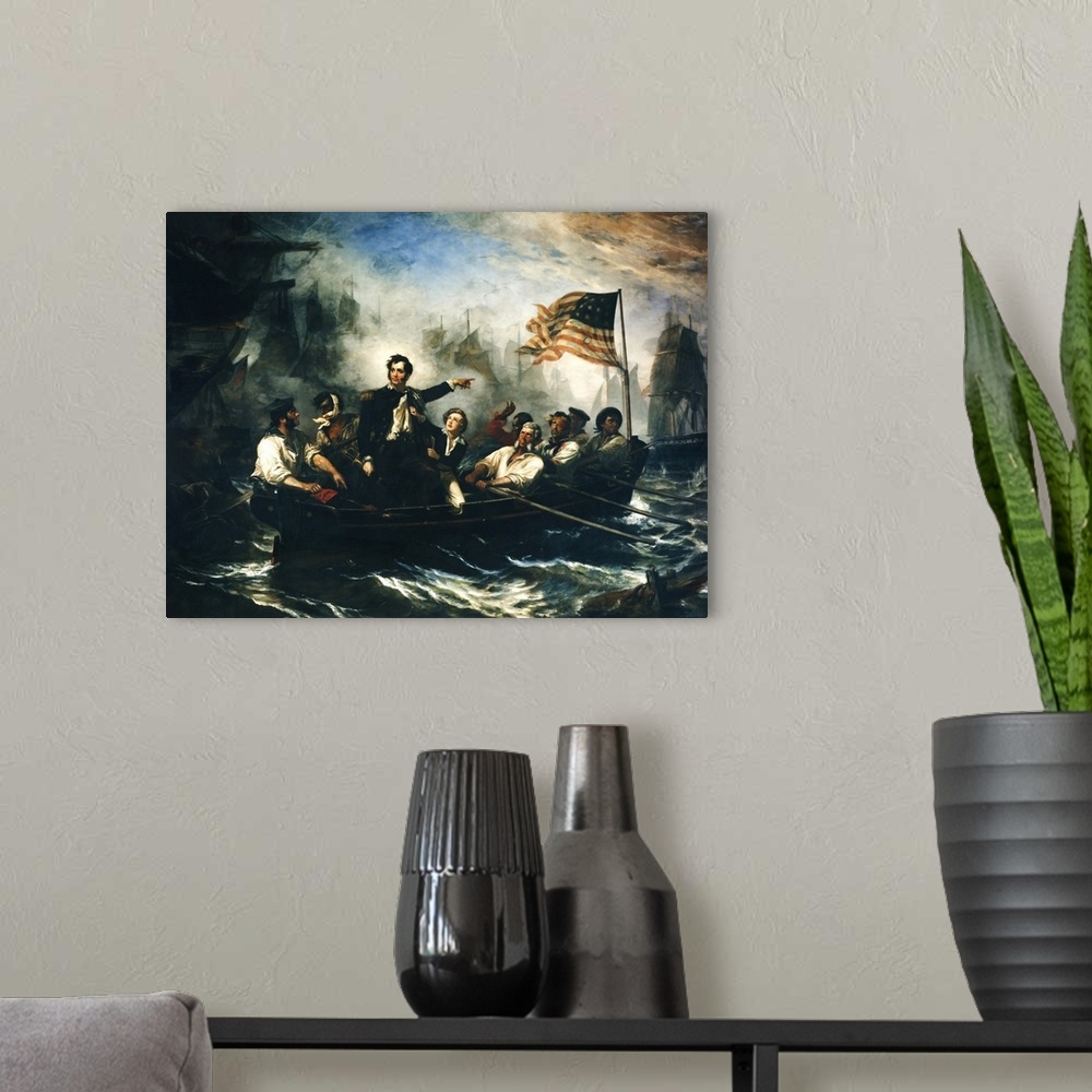 A modern room featuring Painting of Oliver Hazard Perry and his crew during The Battle of Lake Erie.