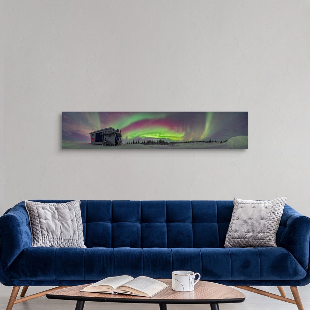 A modern room featuring Panorama of auroral arcs on the shore of Hudson Bay, Canada.