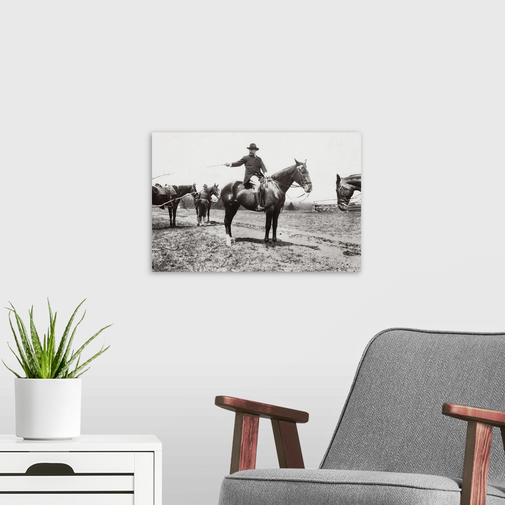 A modern room featuring President Theodore Roosevelt on horseback.
