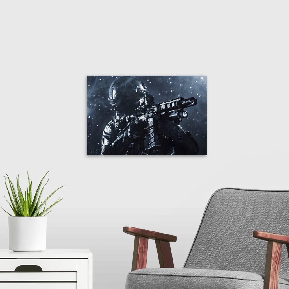 A modern room featuring Spec ops police officer SWAT in the rain.