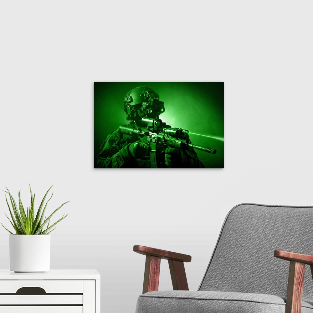 A modern room featuring This wall hanging for an office or firearms enthusiast show s figure dressed in armor and tactica...