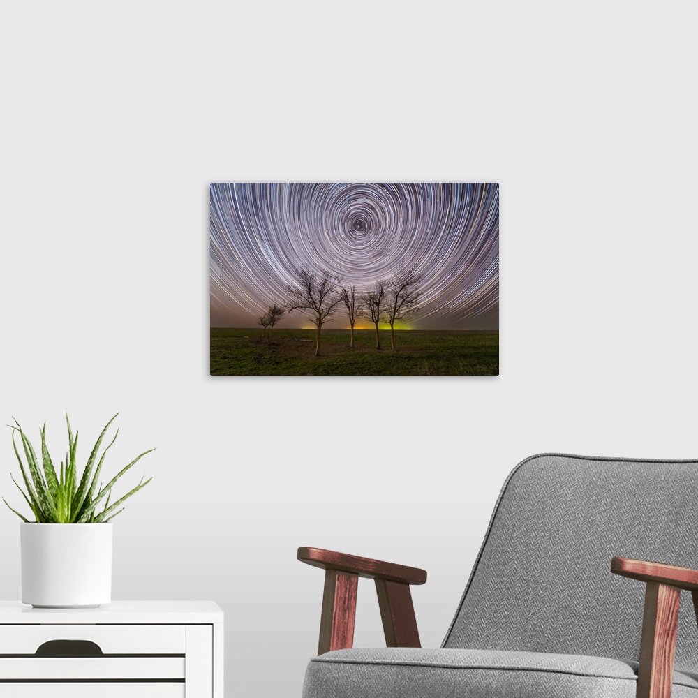 A modern room featuring Star trails under the trees in the steppe of Russia.