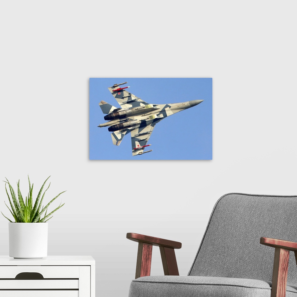 A modern room featuring Su-35BM jet fighter of the Russian Air Force during test flight.
