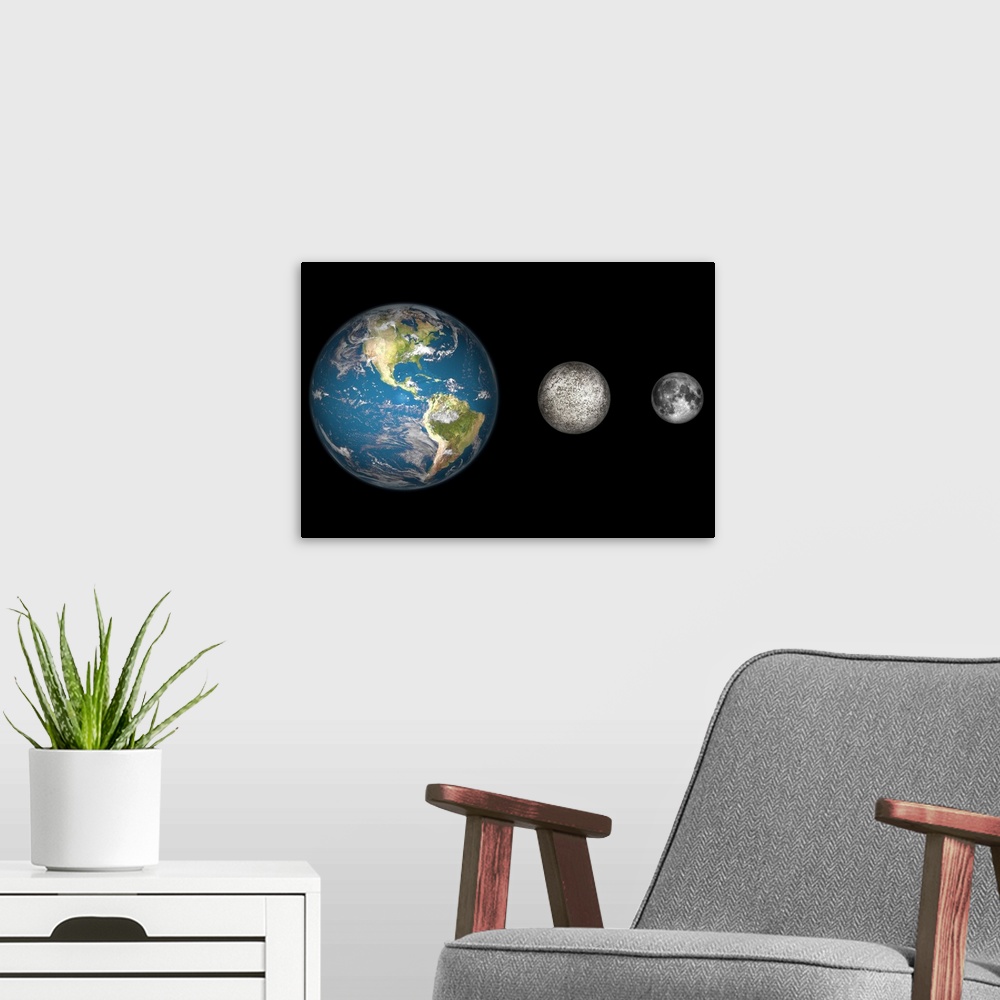A modern room featuring Artist's concept of the Earth, Mercury, and Earth's moon to scale.