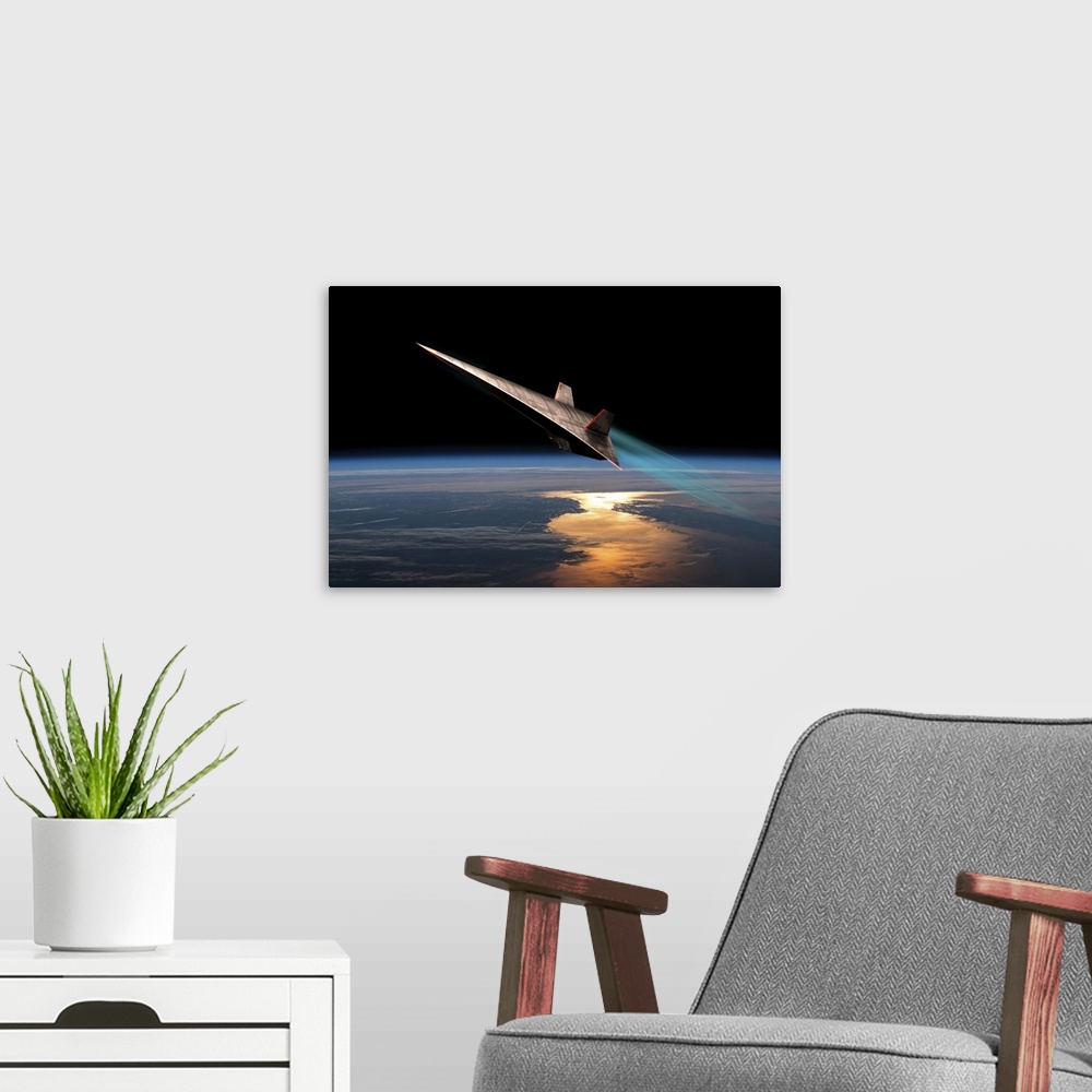 A modern room featuring The edges of a scram jet glow from friction as it flys near the edge of Earth's atmosphere.