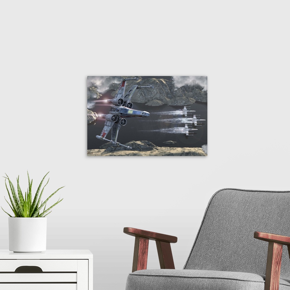 A modern room featuring A fleet of X-Wings flying through a rocky valley.