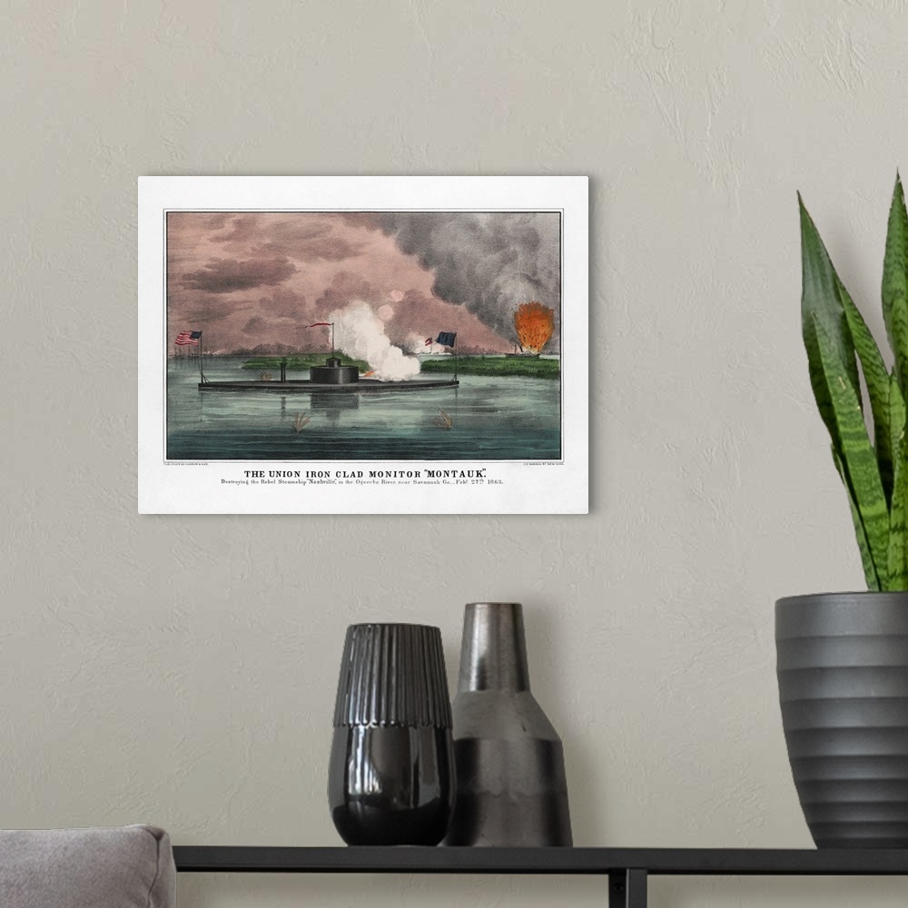 A modern room featuring The Union Iron Clad Montauk destroying the Rebel Ship Nashville during a naval battle in the Ogee...