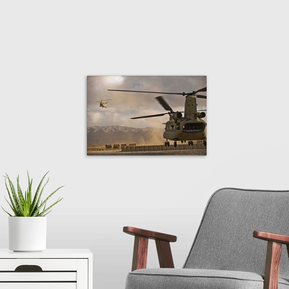 A modern room featuring U.S. Army CH-47 Chinook helicopters depart a military base in Afghanistan.