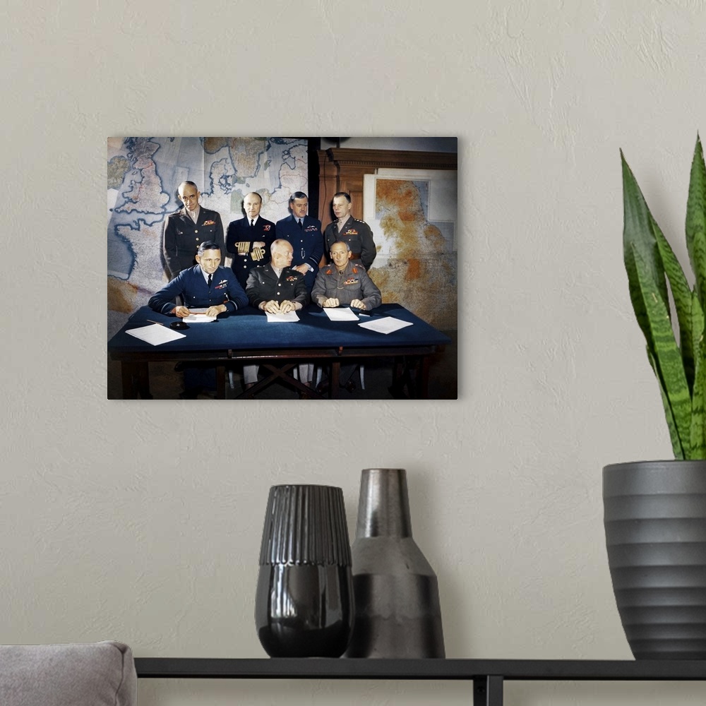 A modern room featuring World War II photograph shows the Meeting of the Supreme Command, Allied Expeditionary Force in L...