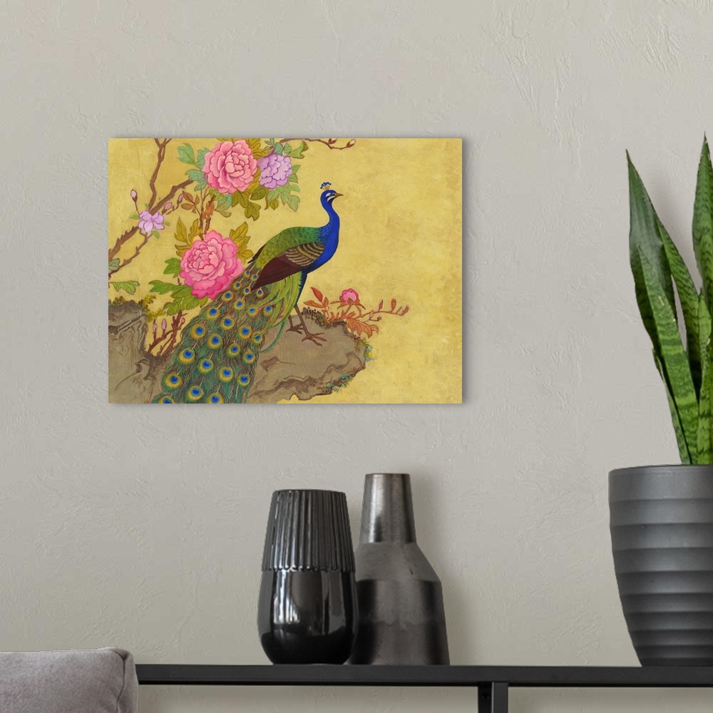 A modern room featuring Chinese style painting of a peacock standing on a ledge with pink peonies.
