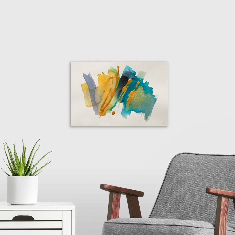 A modern room featuring Gold and blue brush strokes decorate a horizontal abstract artwork.