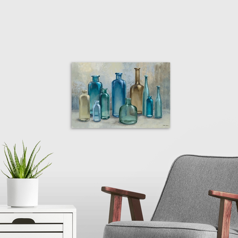 A modern room featuring A contemporary still life painting of ten blue and beige glass bottles.