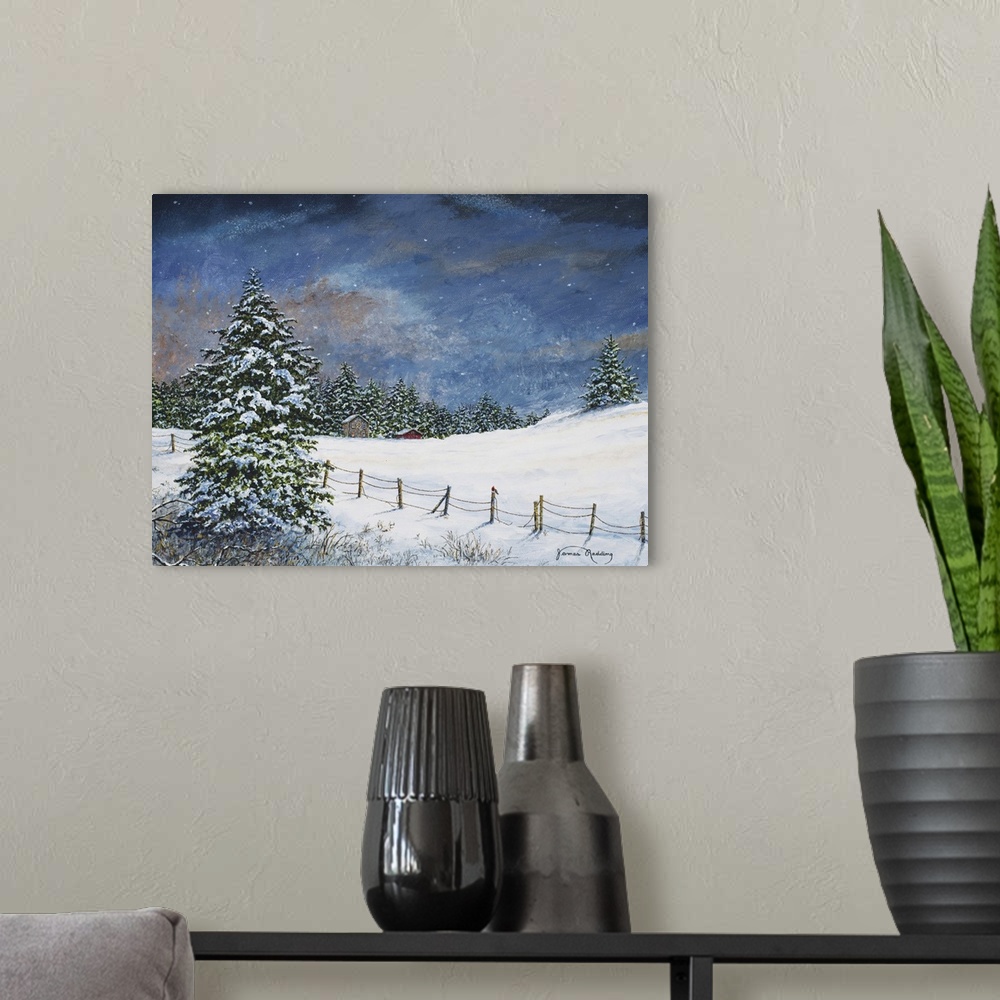 A modern room featuring A contemporary painting of a snowy landscape with a house and a red barn in the distance.