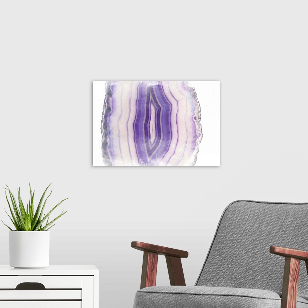 A modern room featuring Watercolor painting of a purple polished agate stone.