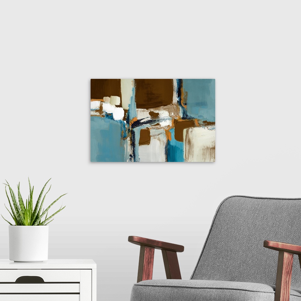 A modern room featuring Cool toned contemporary abstract painting of collage made of overlapping squares varying in size....