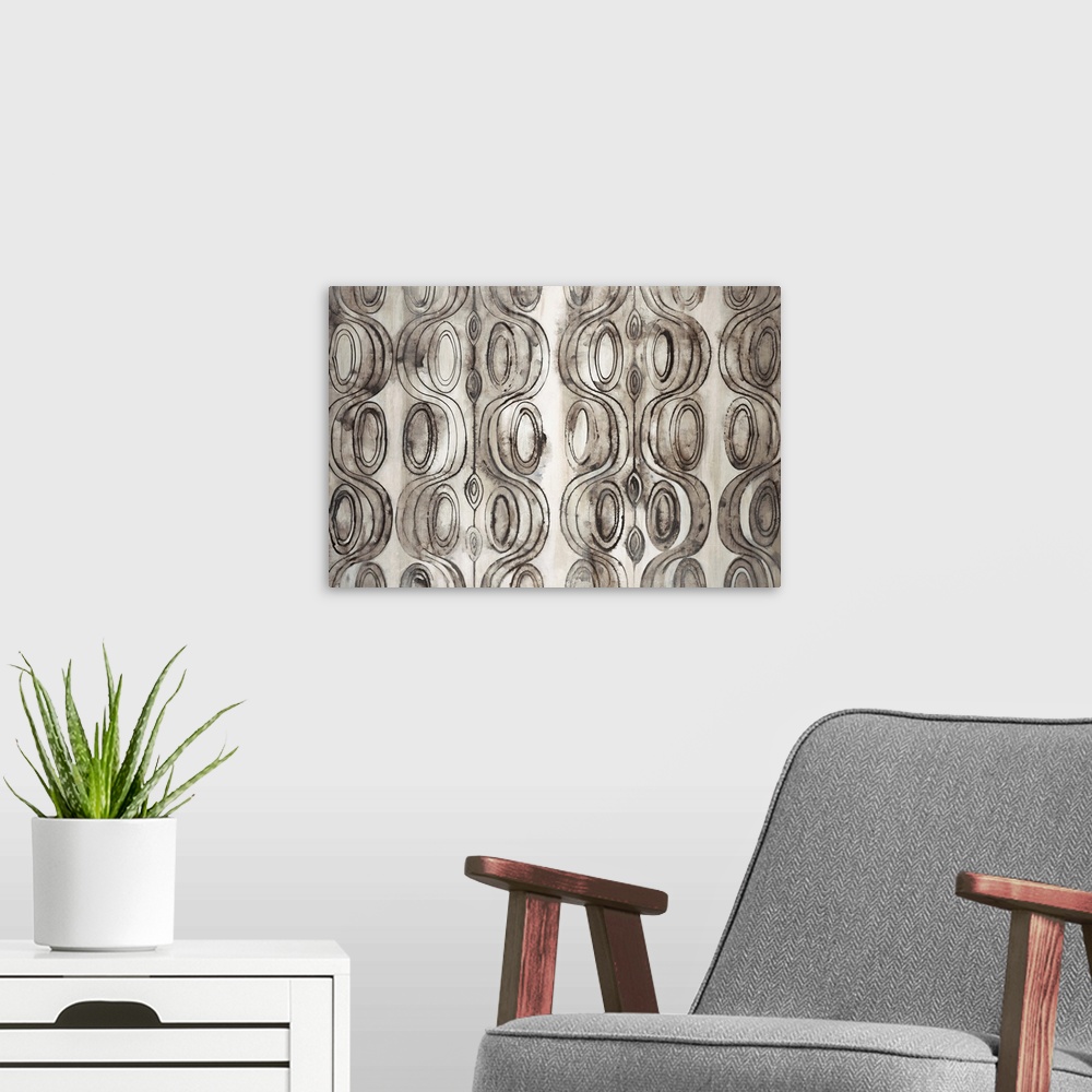 A modern room featuring Abstract painting of organic shapes in neutral colors creating an intricate pattern.