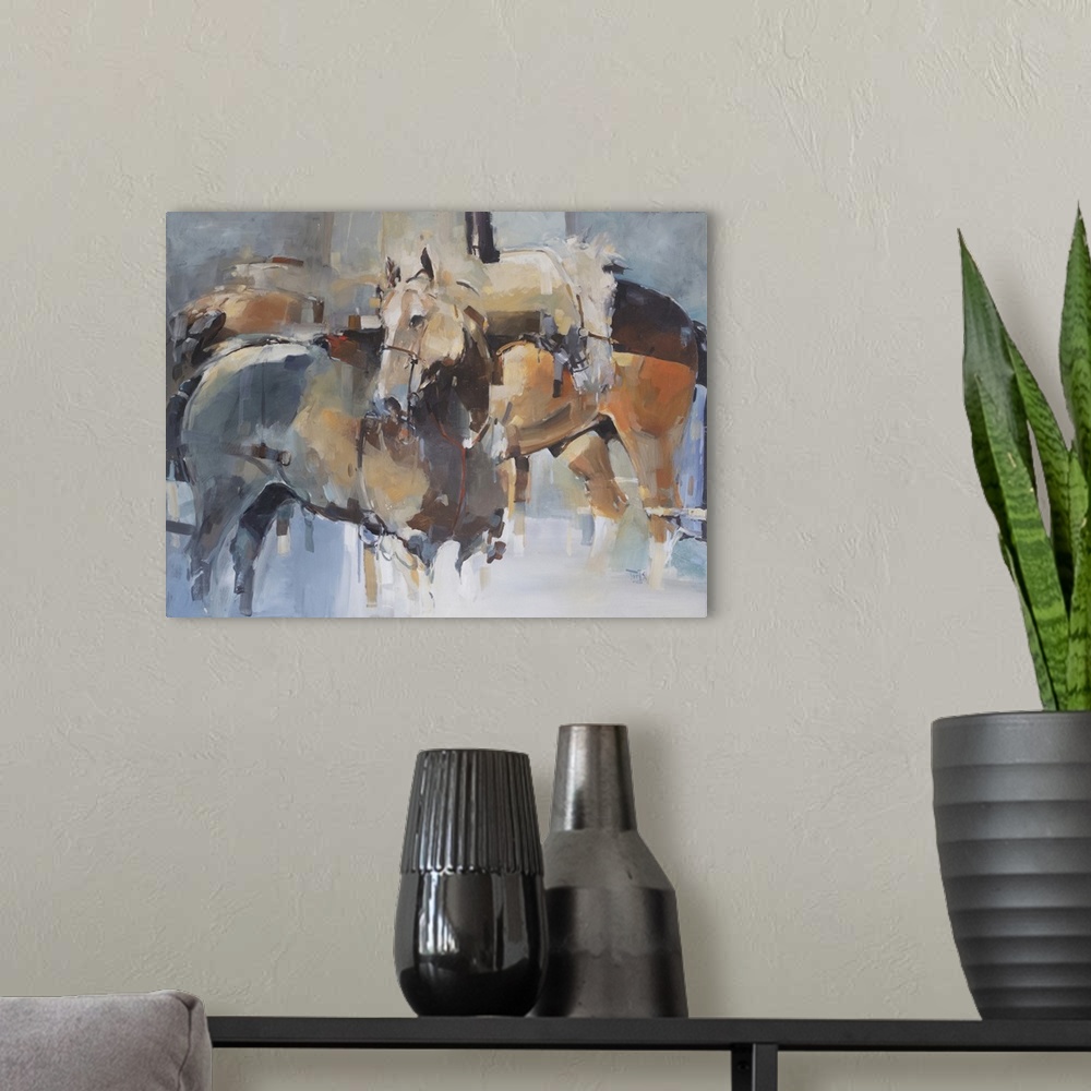 A modern room featuring This contemporary artwork features a quiet moment of horses after battle using a complementary pa...