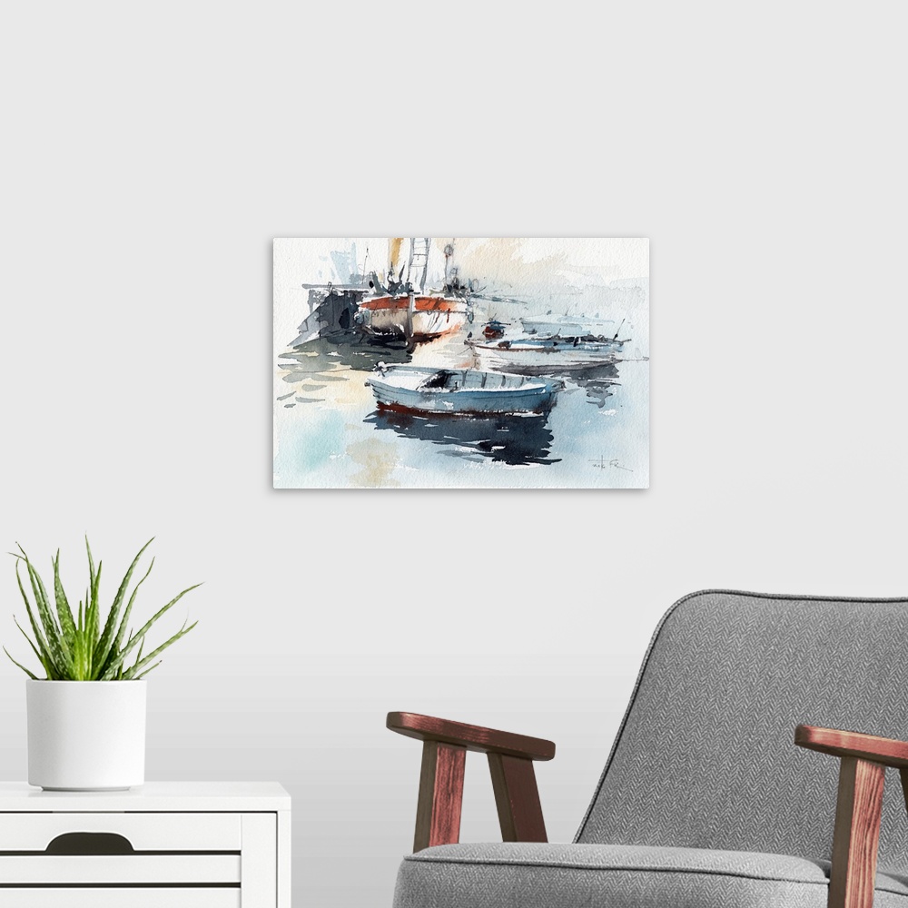 A modern room featuring This pensive artwork of small fishing boats in a harbor features earthy tones and static brush st...