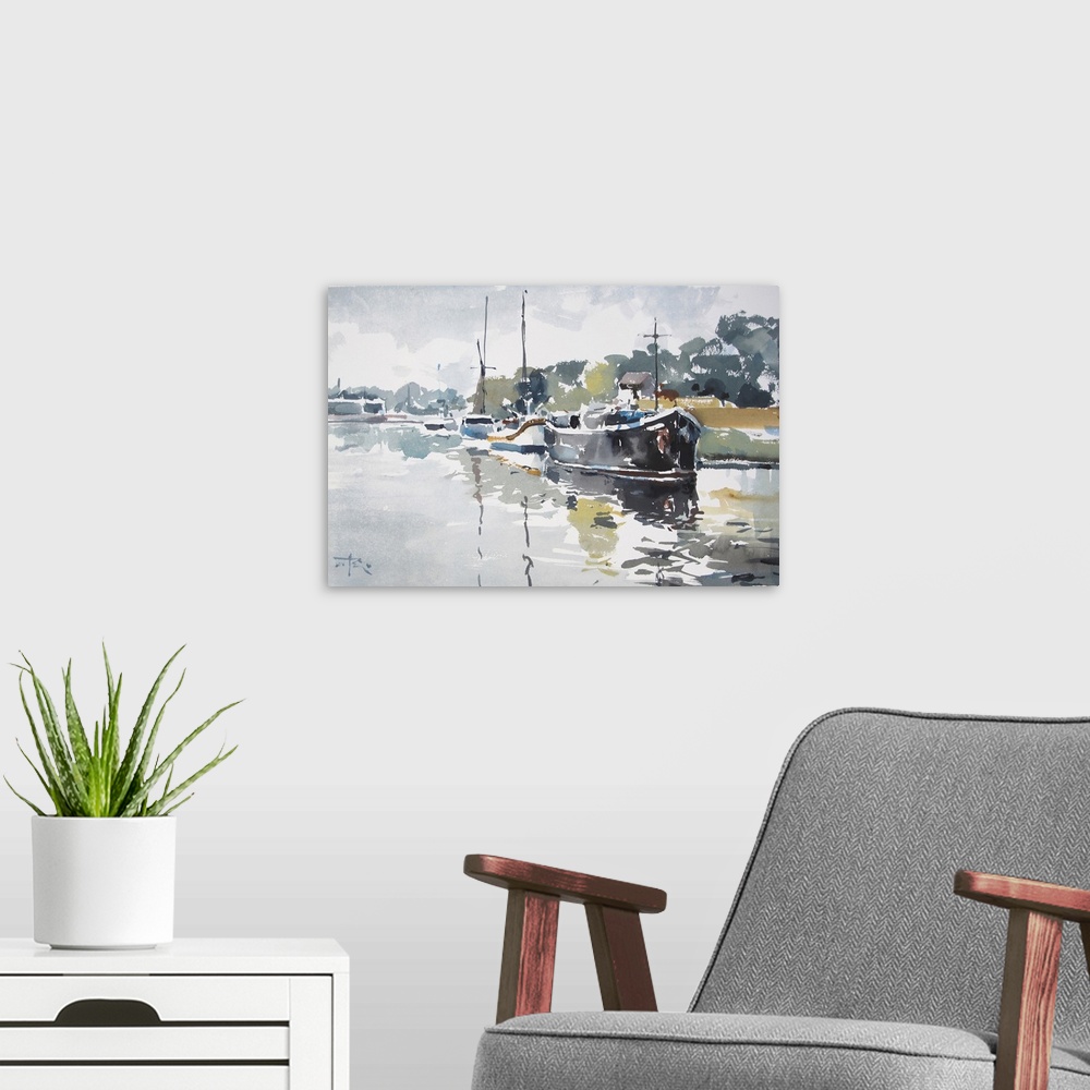 A modern room featuring Gestural brush strokes of muted watercolors illustrate river barges lined up with a lush green ba...