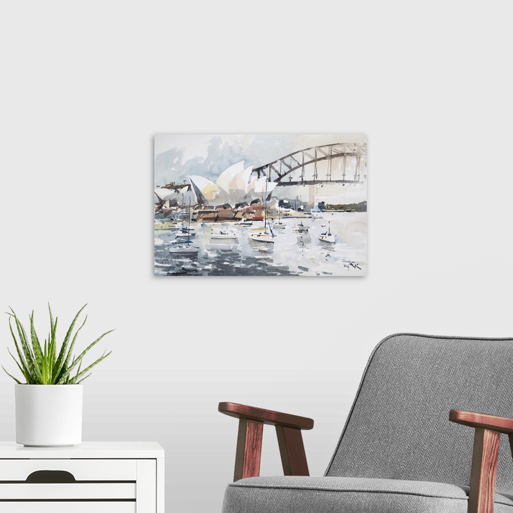A modern room featuring Gestural brush strokes of muted watercolors create a story of floating boats near the Sydney Oper...