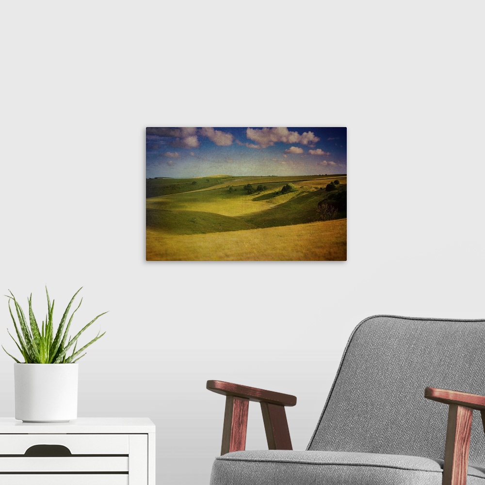 A modern room featuring Landscape of the South Downs in southern England with long grass and fields on a summer's day.