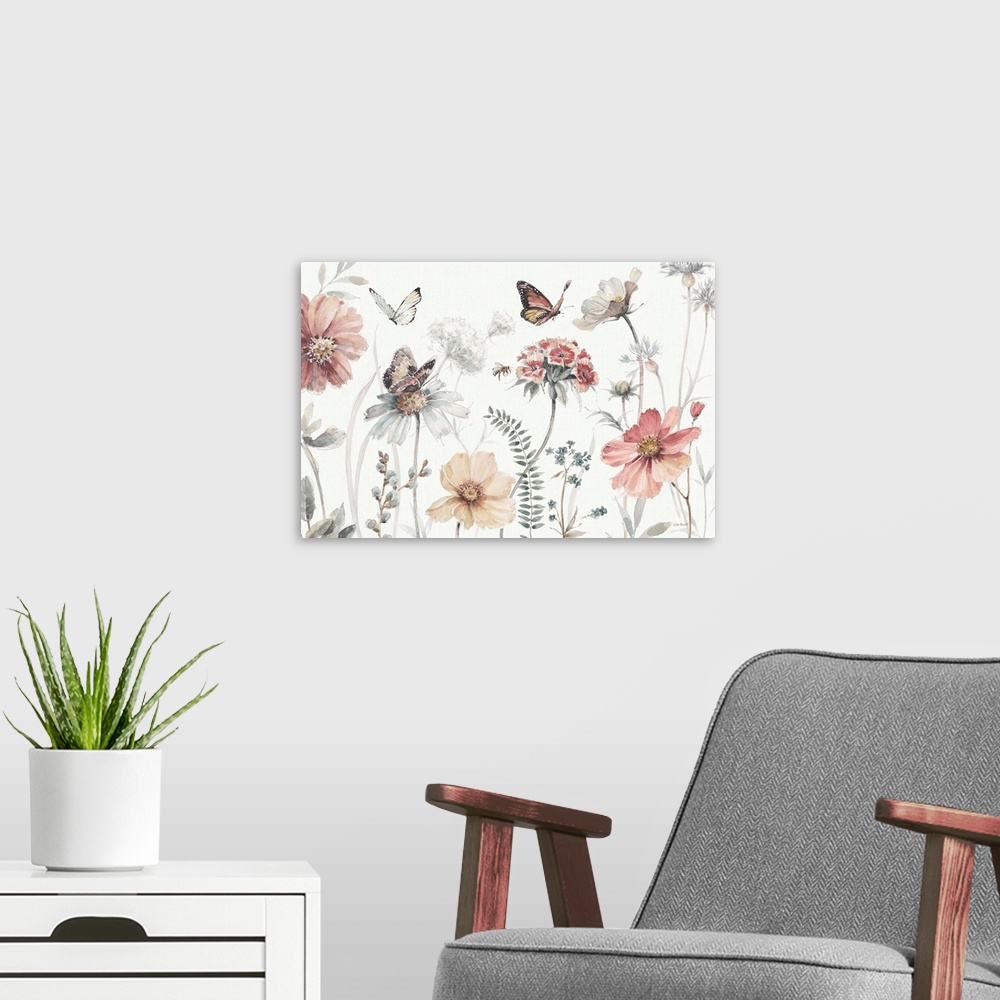 A modern room featuring Contemporary country artwork of wildflowers with fluttering butterfly over a white background.