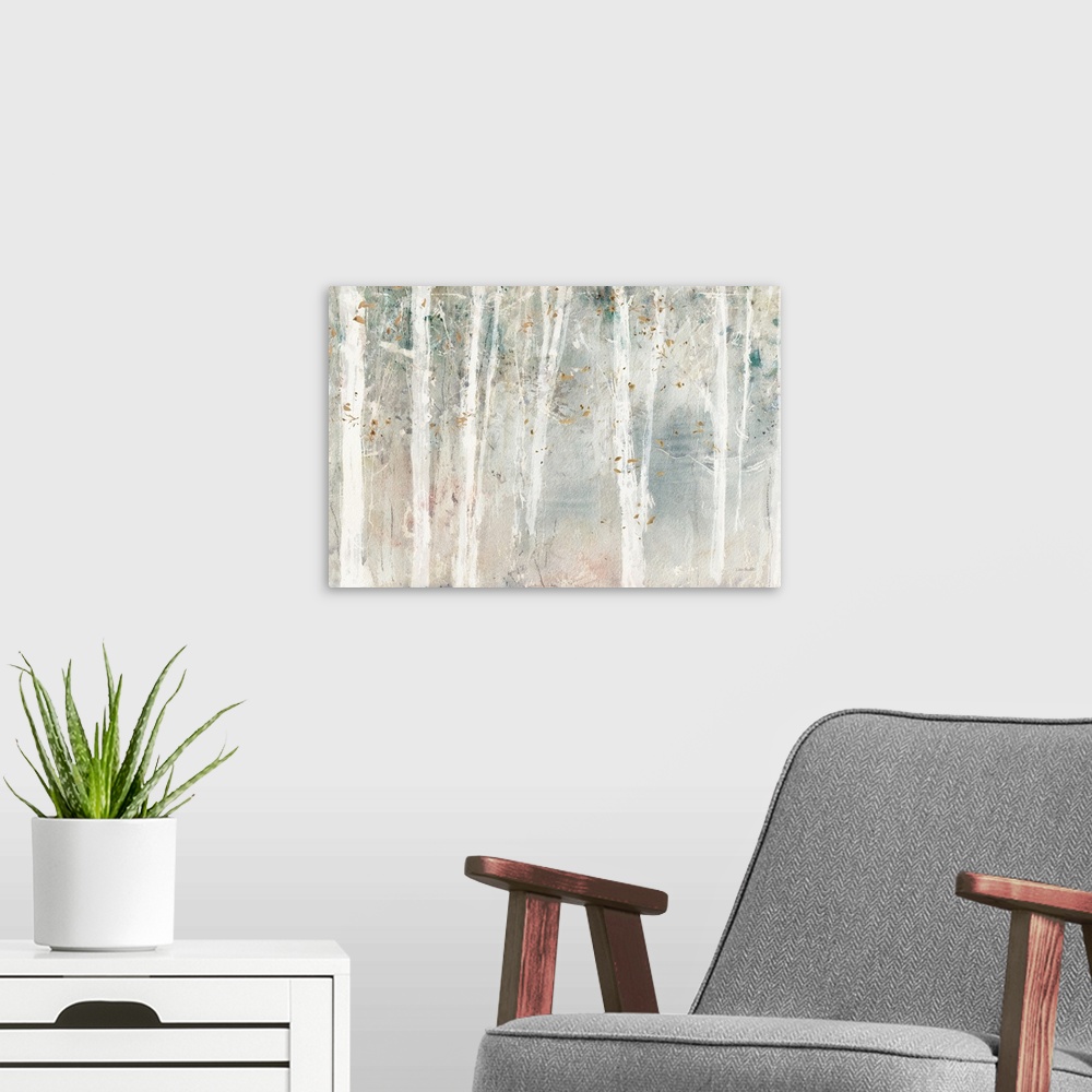 A modern room featuring A contemporary abstract landscape of white trees in the forest with a water-colored neutral backg...