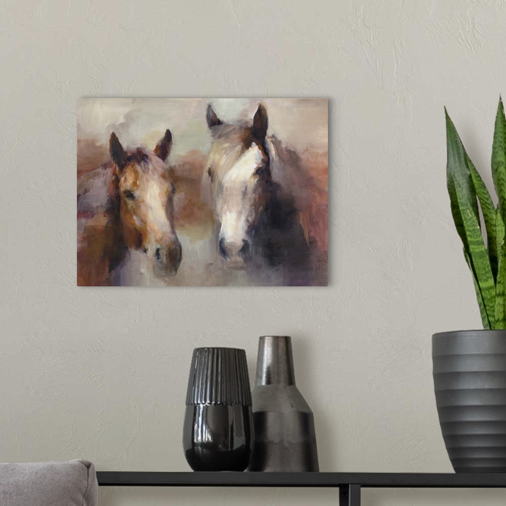 A modern room featuring Contemporary artwork of a portrait of two horses surrounded by warm earthy tones.