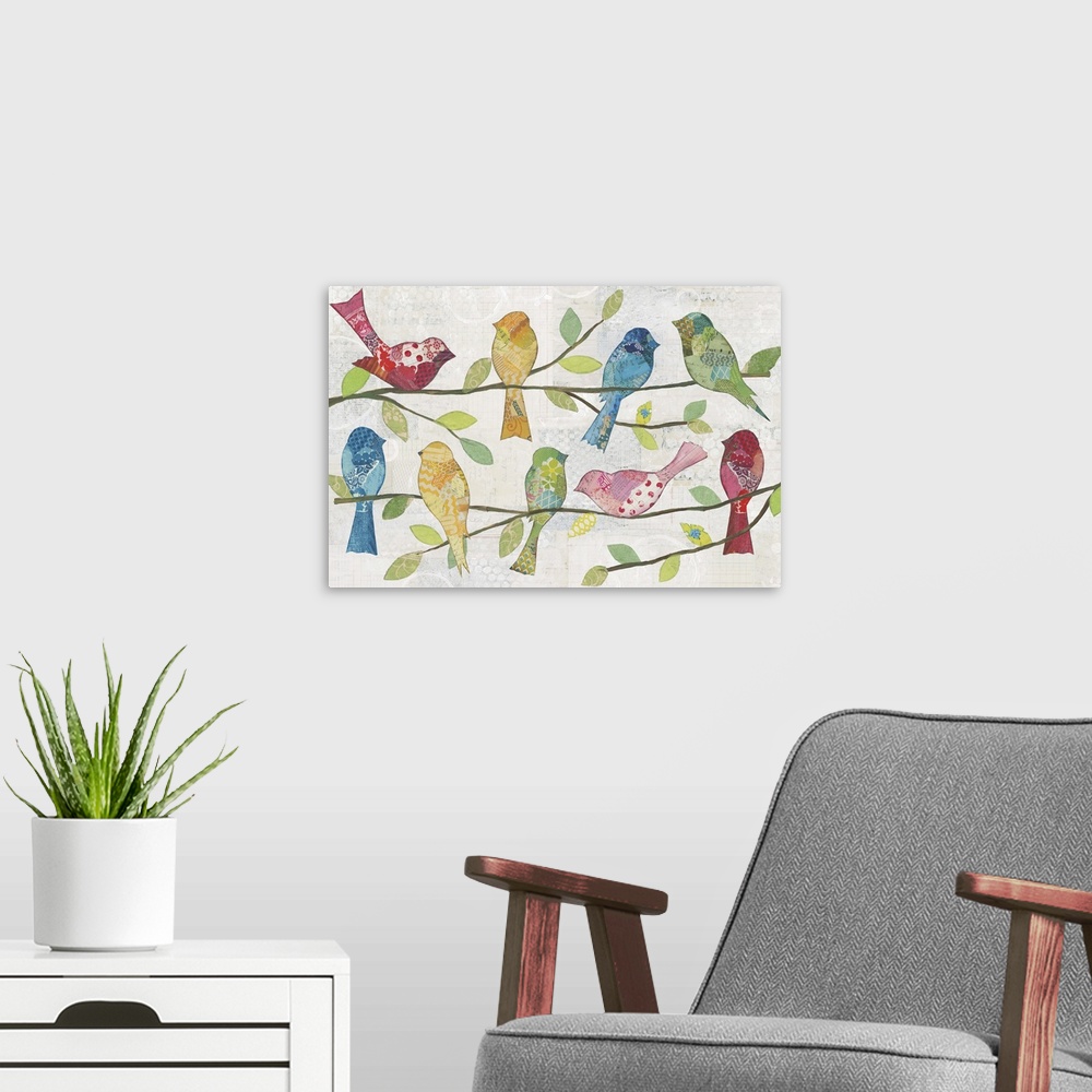 A modern room featuring Colorful patchwork birds sitting on branches.