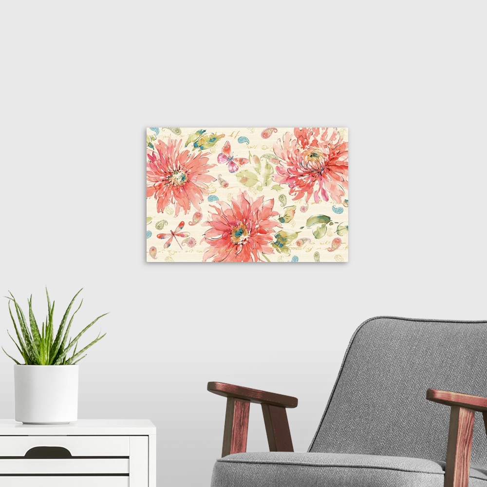 A modern room featuring Contemporary watercolor artwork of pink flowers against a neutral background.