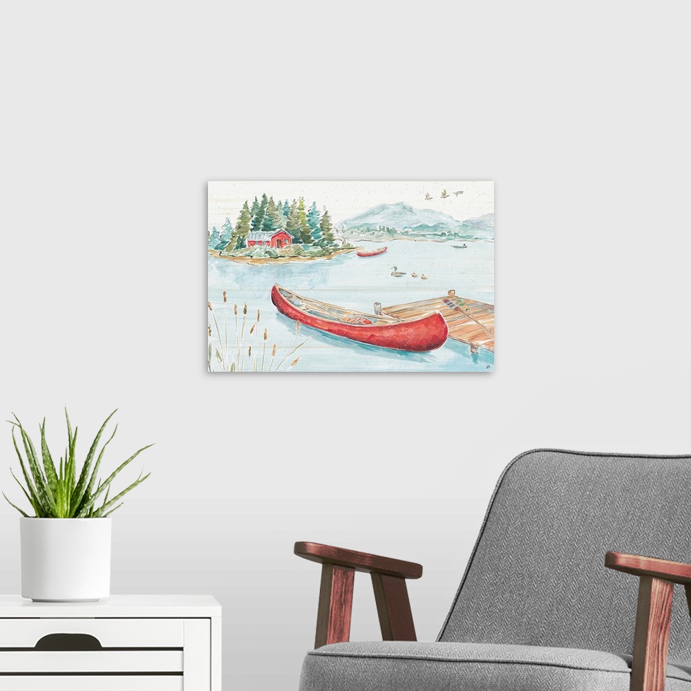 A modern room featuring A decorative mountain scene of a dock on a lake with a canoe and a house in the background. There...