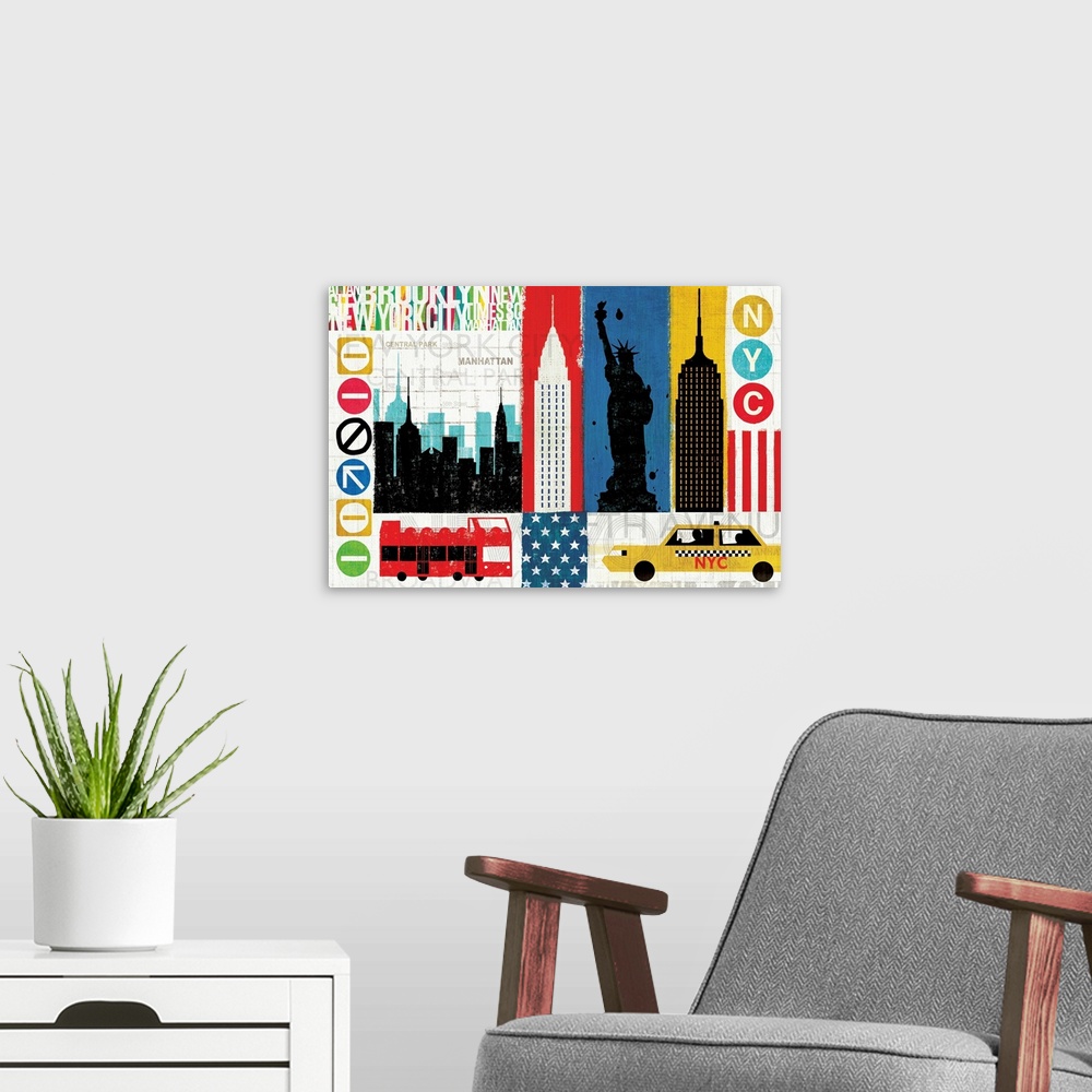 A modern room featuring Big, horizontal wall hanging of brightly colored images, sectioned by rectangles, representing Ne...