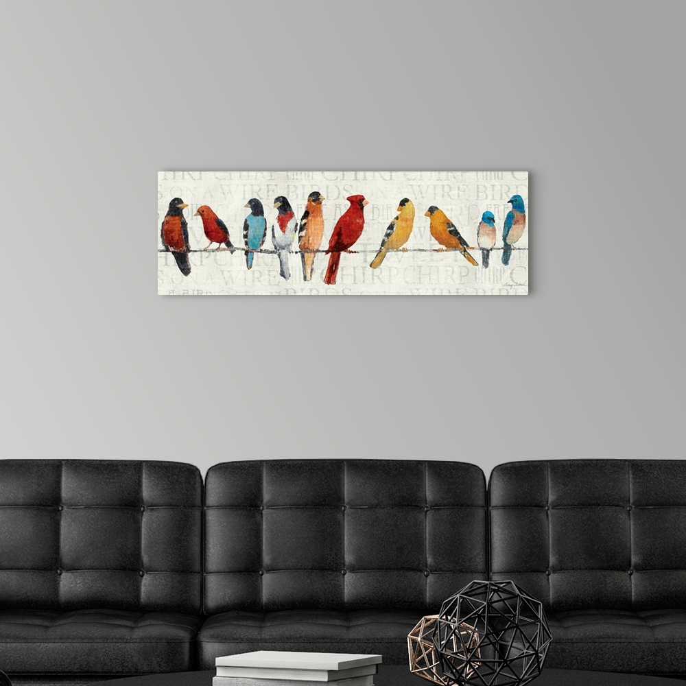 A modern room featuring This panoramic shaped painting shows North American birds lined up while perched on a thin line.