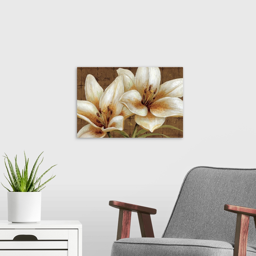 A modern room featuring Oversized landscape painting of two large white lily flowers on a neutral tiled background.