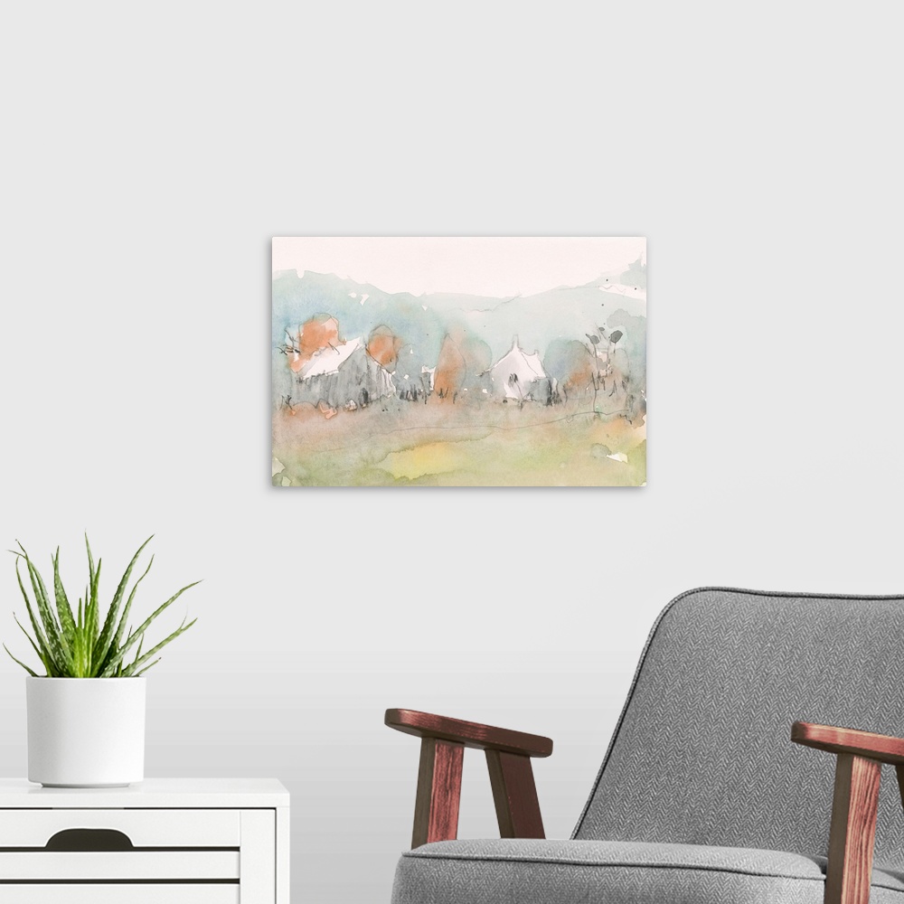 A modern room featuring An abstracted watercolor painting of farm buildings with trees and foliage in the foreground