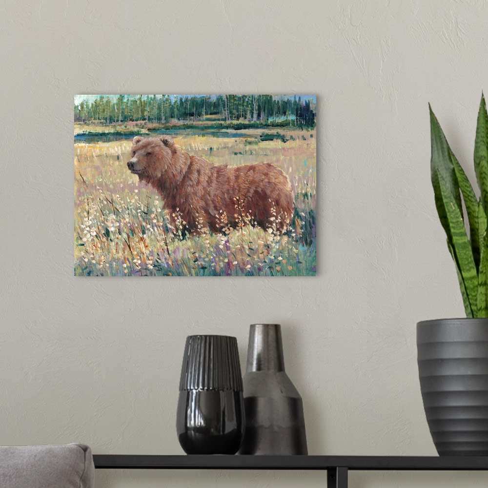 A modern room featuring Contemporary art print of a brown bear standing in a field of wildflowers.