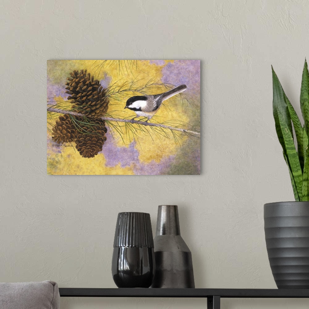 A modern room featuring Illustration of a chickadee perched on a branch with pinecones.