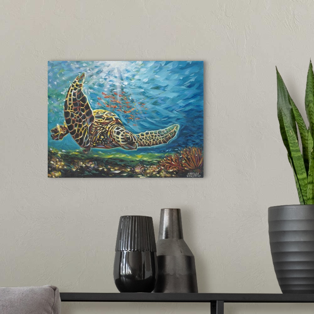 A modern room featuring Contemporary painting of a sea turtle swimming underwater in a coral reef.
