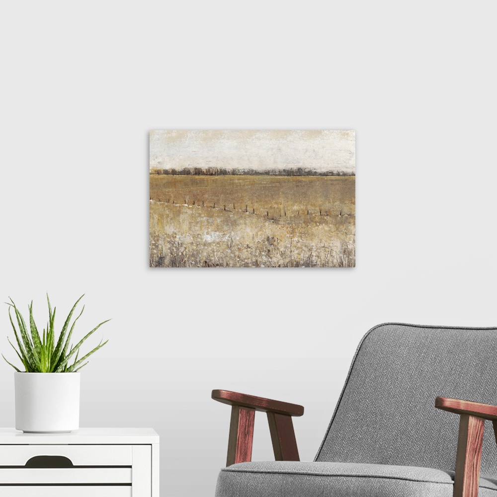 A modern room featuring Contemporary painting of a meadow with a small fence running through it.