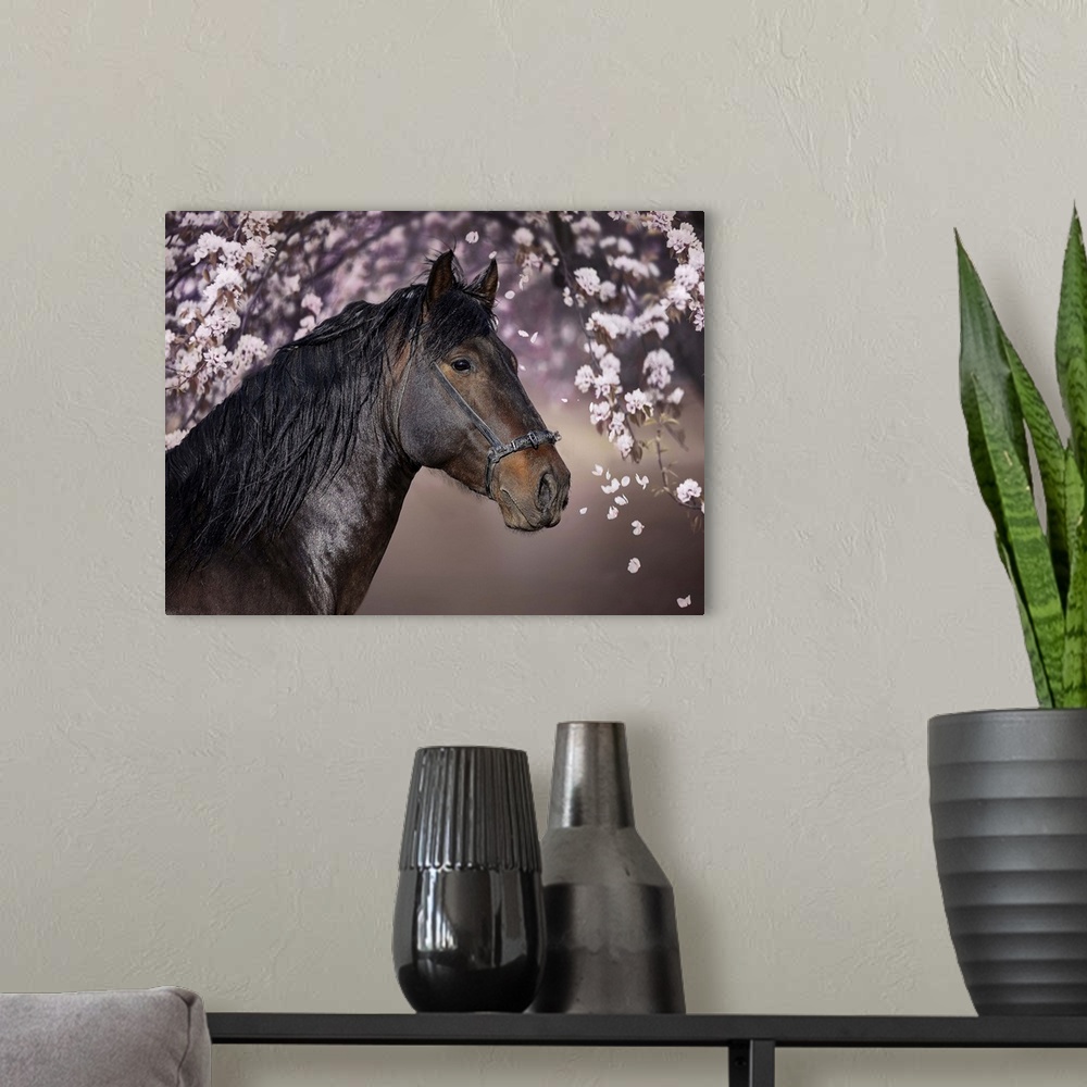 A modern room featuring A portrait of a black horse standing under a tree with pink blossoming flowers.
