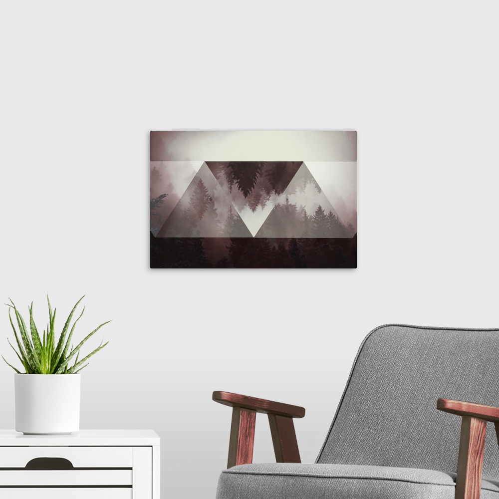 A modern room featuring Photo of a misty pine forest with abstract triangular shapes manipulating the image.