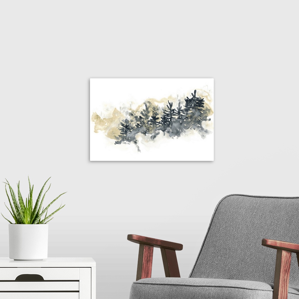 A modern room featuring Watercolor artwork of trees on the side of a hill on white.